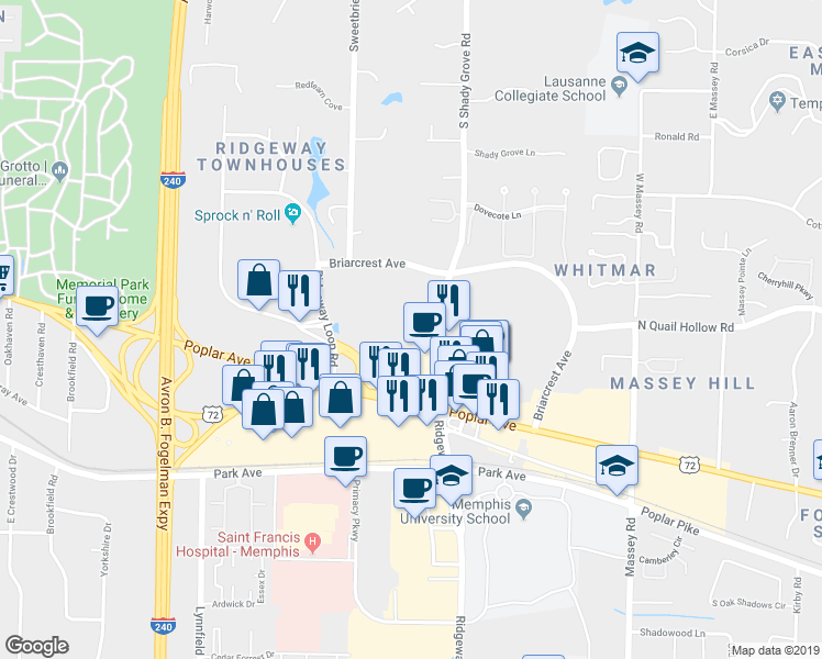 map of restaurants, bars, coffee shops, grocery stores, and more near 999 South Shady Grove Road in Memphis