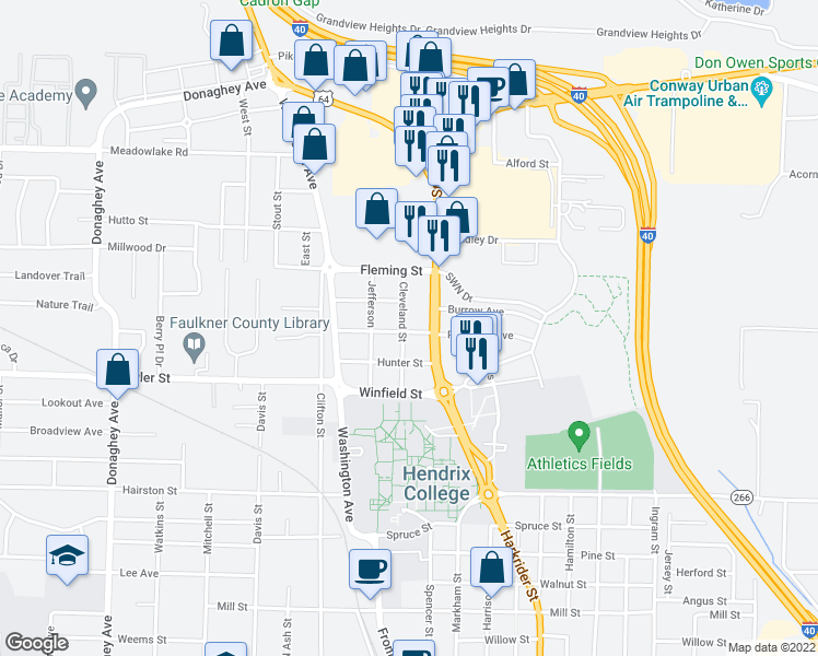 map of restaurants, bars, coffee shops, grocery stores, and more near 1170 Gist Street in Conway