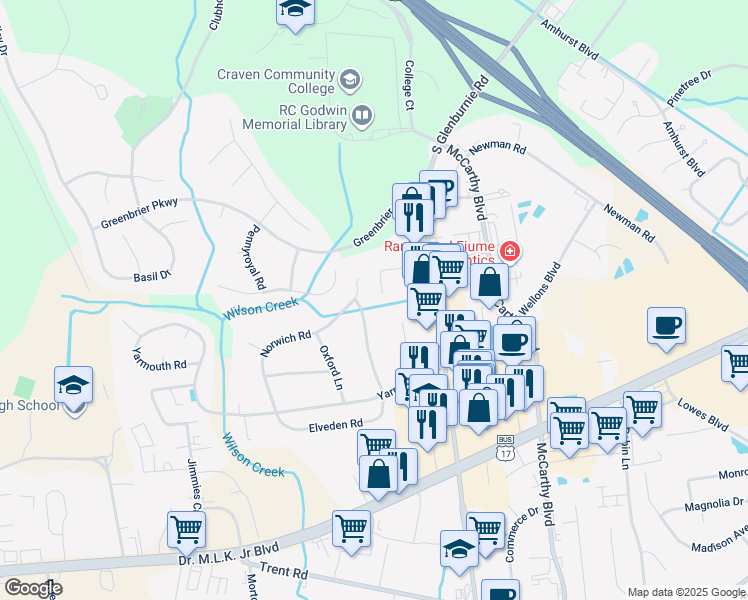 map of restaurants, bars, coffee shops, grocery stores, and more near 1503 Princeton Lane in New Bern