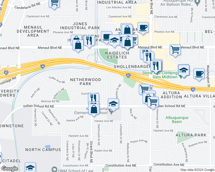 map of restaurants, bars, coffee shops, grocery stores, and more near 1740 Richmond Drive Northeast in Albuquerque