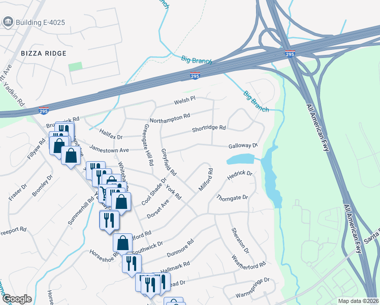 map of restaurants, bars, coffee shops, grocery stores, and more near 616 Galloway Drive in Fayetteville
