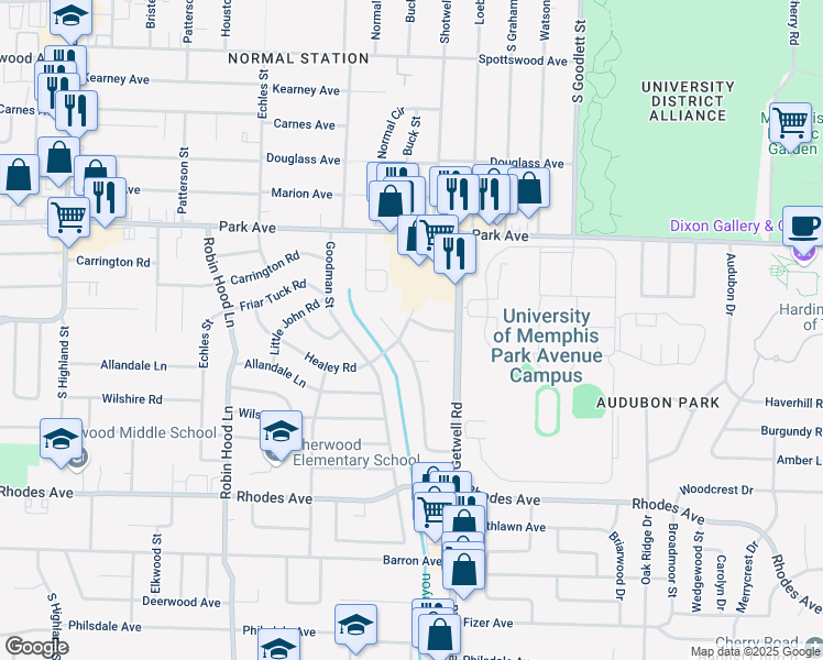 map of restaurants, bars, coffee shops, grocery stores, and more near 3907 Stuart Road in Memphis