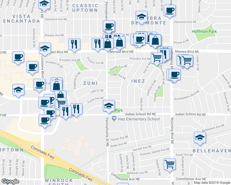 map of restaurants, bars, coffee shops, grocery stores, and more near 7719 Leah Drive Northeast in Albuquerque