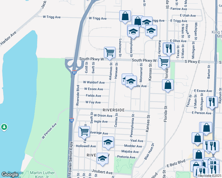 map of restaurants, bars, coffee shops, grocery stores, and more near 1580 Arkansas Street in Memphis