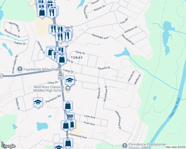 map of restaurants, bars, coffee shops, grocery stores, and more near 319 Tokay Drive in Fayetteville