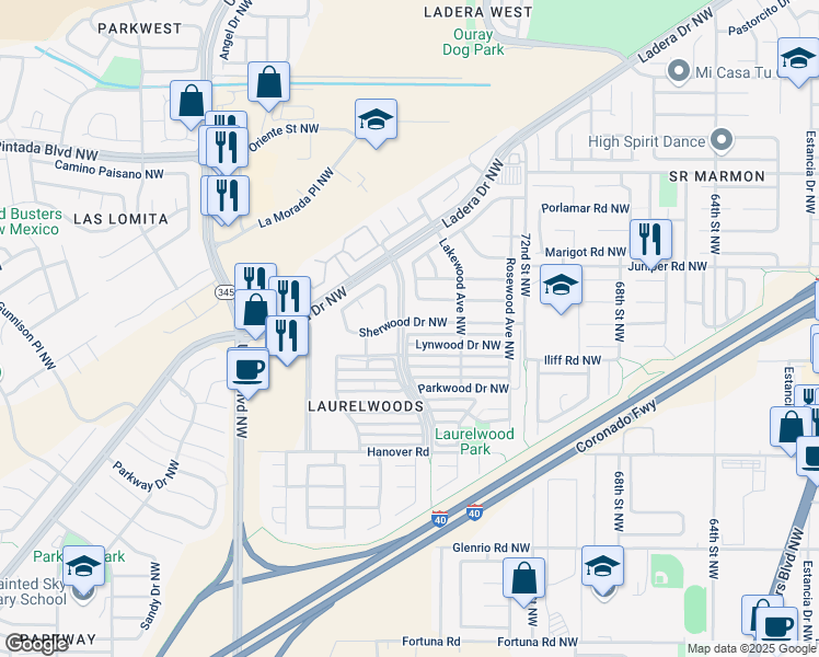 map of restaurants, bars, coffee shops, grocery stores, and more near 7632 Sherwood Drive Northwest in Albuquerque