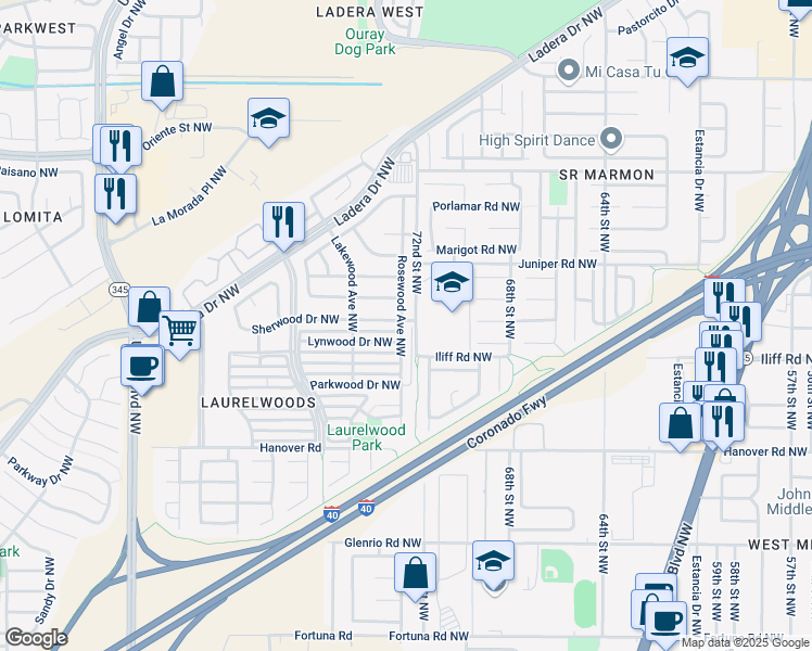 map of restaurants, bars, coffee shops, grocery stores, and more near 1820 Rosewood Avenue Northwest in Albuquerque