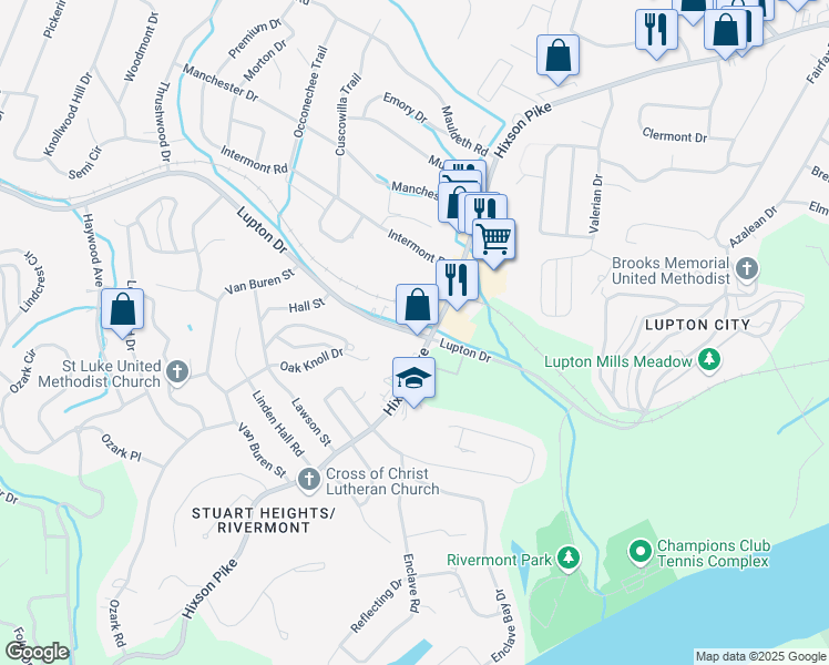 map of restaurants, bars, coffee shops, grocery stores, and more near 887 Lupton Drive in Chattanooga