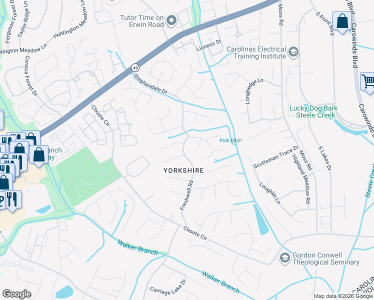 map of restaurants, bars, coffee shops, grocery stores, and more near 12025 Freshwell Road in Charlotte