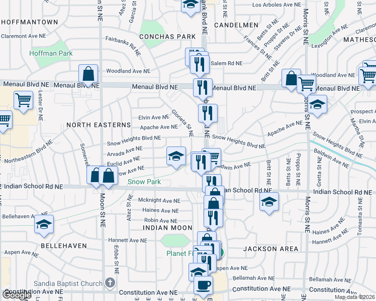 map of restaurants, bars, coffee shops, grocery stores, and more near 9733 Morrow Avenue Northeast in Albuquerque