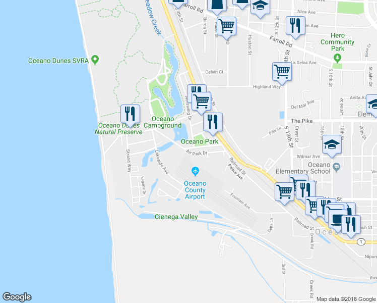 map of restaurants, bars, coffee shops, grocery stores, and more near 553 Air Park Drive in Oceano