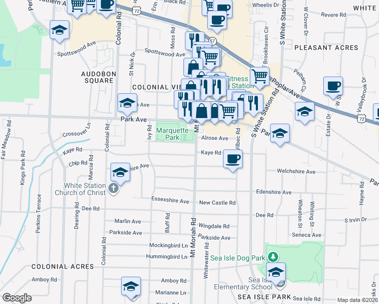 map of restaurants, bars, coffee shops, grocery stores, and more near 4964 Kaye Road in Memphis