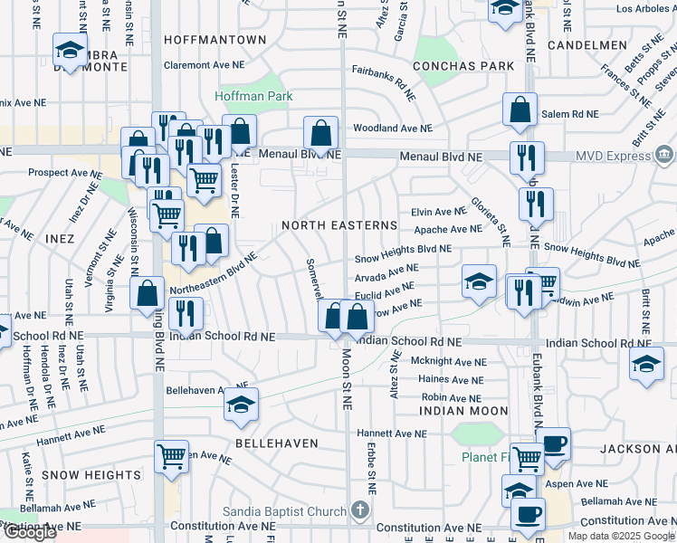 map of restaurants, bars, coffee shops, grocery stores, and more near 1921 Moon Street Northeast in Albuquerque