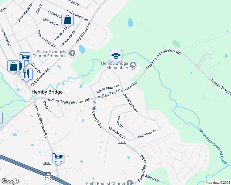 map of restaurants, bars, coffee shops, grocery stores, and more near Indian Trail Fairview Road in Indian Trail