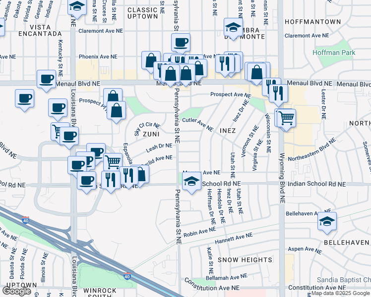 map of restaurants, bars, coffee shops, grocery stores, and more near 7719 Leah Drive Northeast in Albuquerque