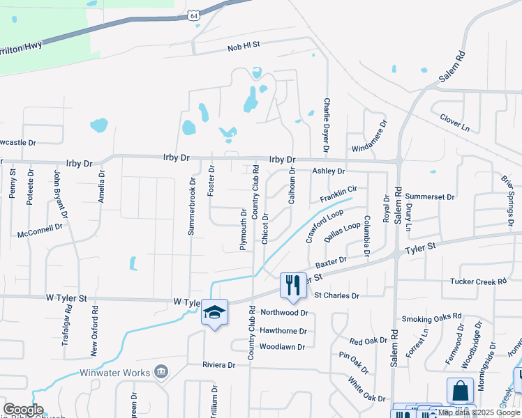 map of restaurants, bars, coffee shops, grocery stores, and more near 1825 Chicot Drive in Conway