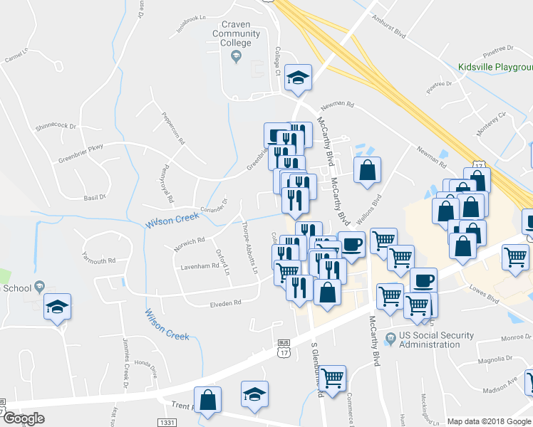 map of restaurants, bars, coffee shops, grocery stores, and more near 1502 Princeton Lane in New Bern