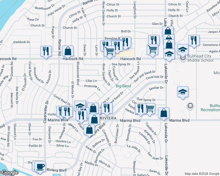 map of restaurants, bars, coffee shops, grocery stores, and more near 746 River Gardens Dr in Bullhead City