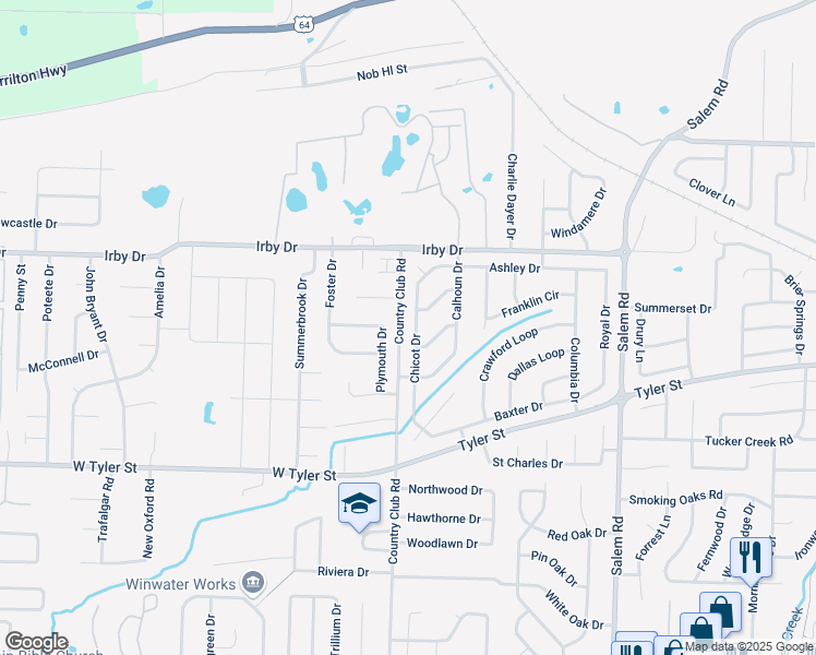 map of restaurants, bars, coffee shops, grocery stores, and more near 1825 Chicot Drive in Conway