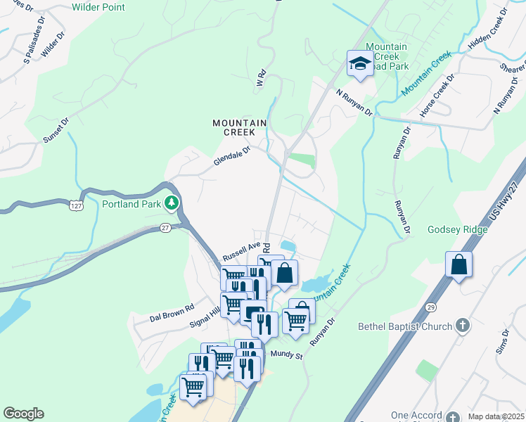 map of restaurants, bars, coffee shops, grocery stores, and more near 911 Mountain Creek Road in Chattanooga