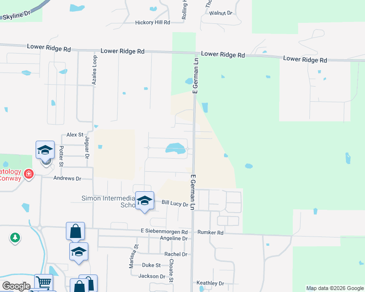 map of restaurants, bars, coffee shops, grocery stores, and more near 1855-1927 East German Lane in Conway