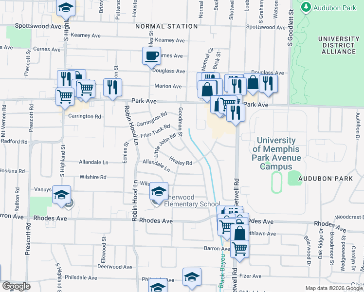 map of restaurants, bars, coffee shops, grocery stores, and more near 983 Goodman Street in Memphis