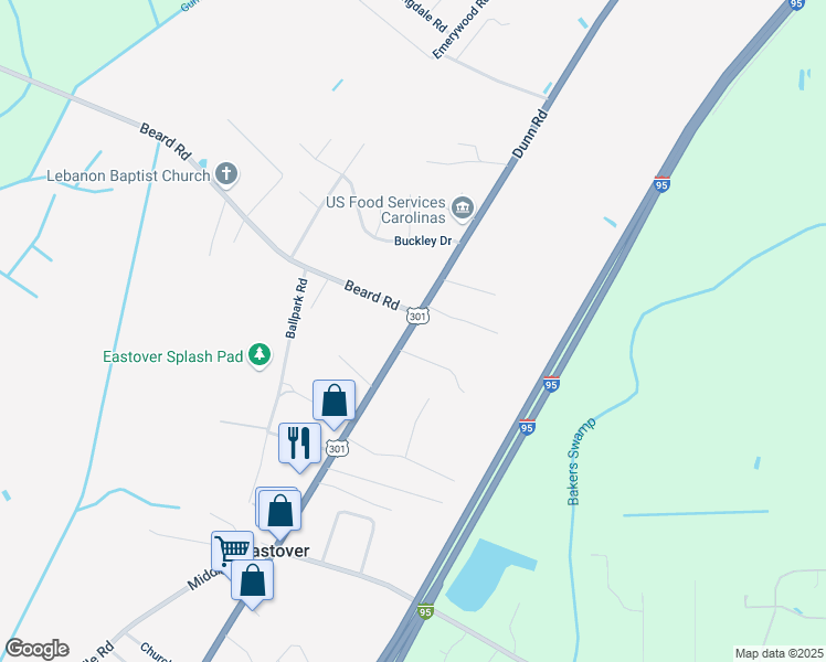 map of restaurants, bars, coffee shops, grocery stores, and more near 4180 Dunn Road in Eastover