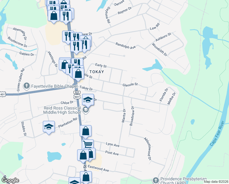 map of restaurants, bars, coffee shops, grocery stores, and more near 319 Tokay Drive in Fayetteville