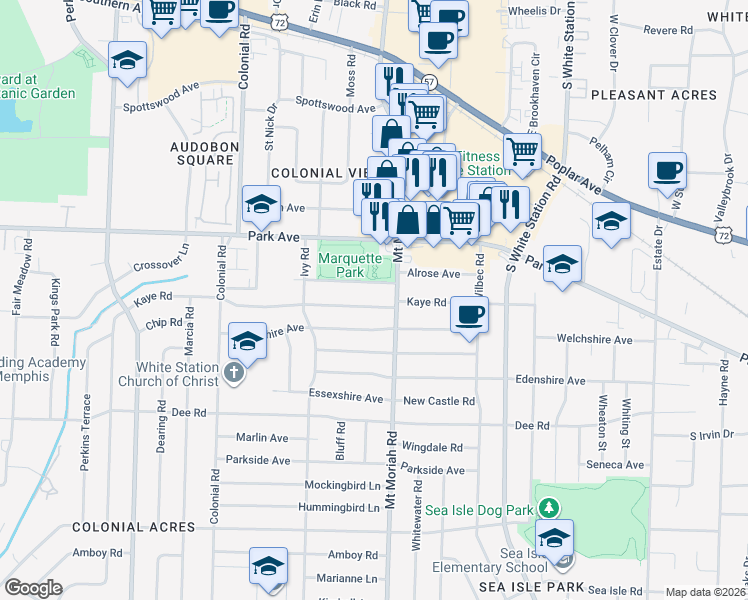 map of restaurants, bars, coffee shops, grocery stores, and more near 4964 Kaye Road in Memphis