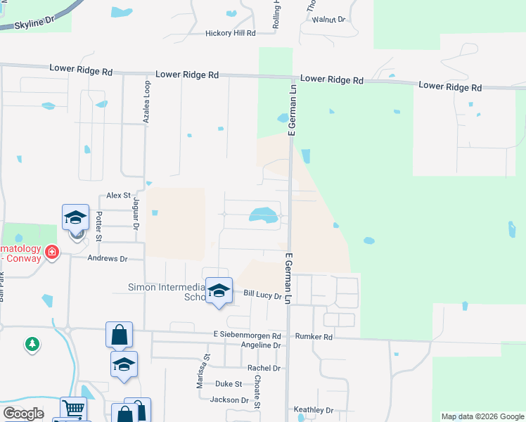 map of restaurants, bars, coffee shops, grocery stores, and more near 2111 East German Lane in Conway