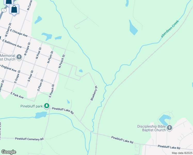 map of restaurants, bars, coffee shops, grocery stores, and more near Blueberry Street in Pinebluff