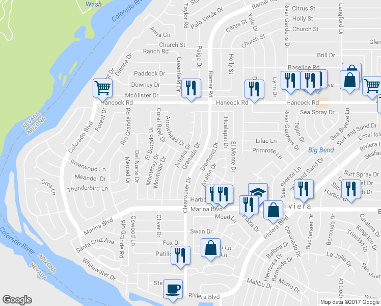 map of restaurants, bars, coffee shops, grocery stores, and more near 1865 Granada Dr in Bullhead City