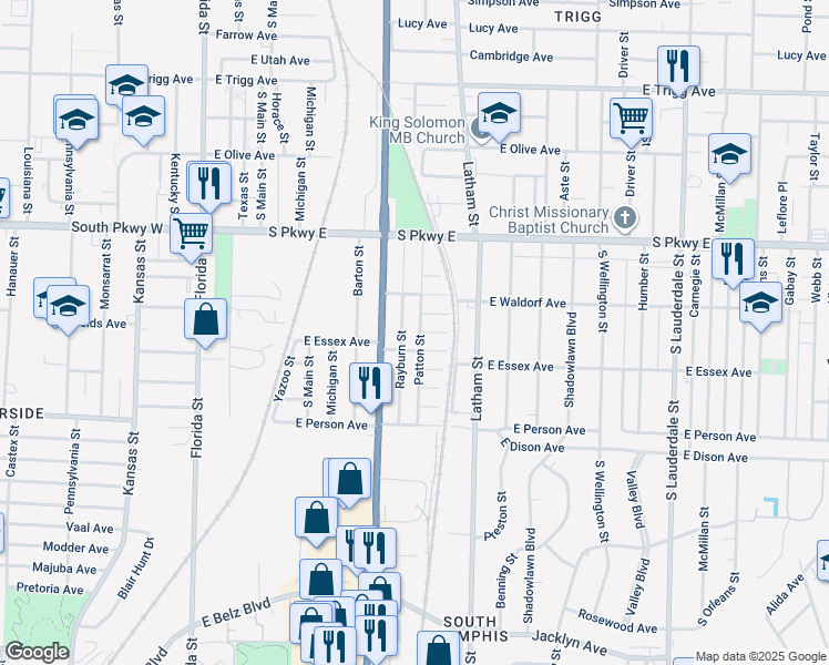 map of restaurants, bars, coffee shops, grocery stores, and more near 1571 Patton Street in Memphis