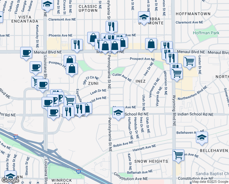 map of restaurants, bars, coffee shops, grocery stores, and more near 7719 Leah Drive Northeast in Albuquerque