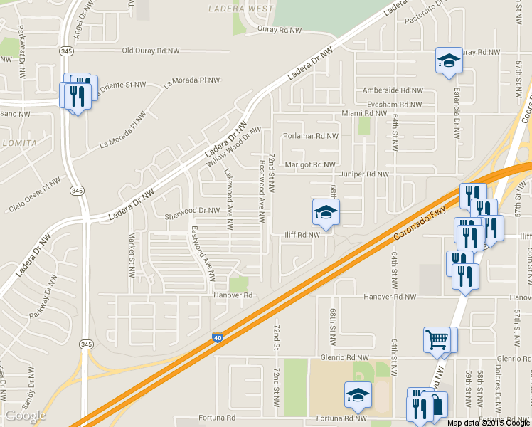 map of restaurants, bars, coffee shops, grocery stores, and more near 1820 Rosewood Avenue Northwest in Albuquerque