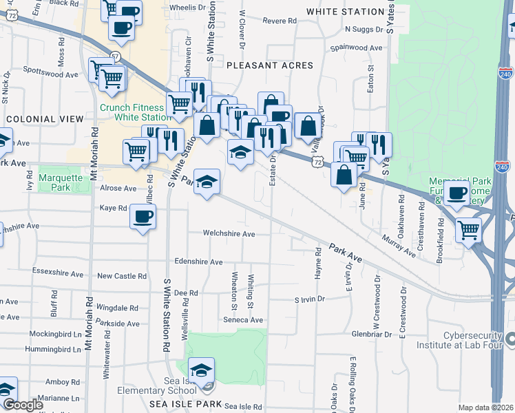 map of restaurants, bars, coffee shops, grocery stores, and more near 5322 Wrens Roost Circle in Memphis