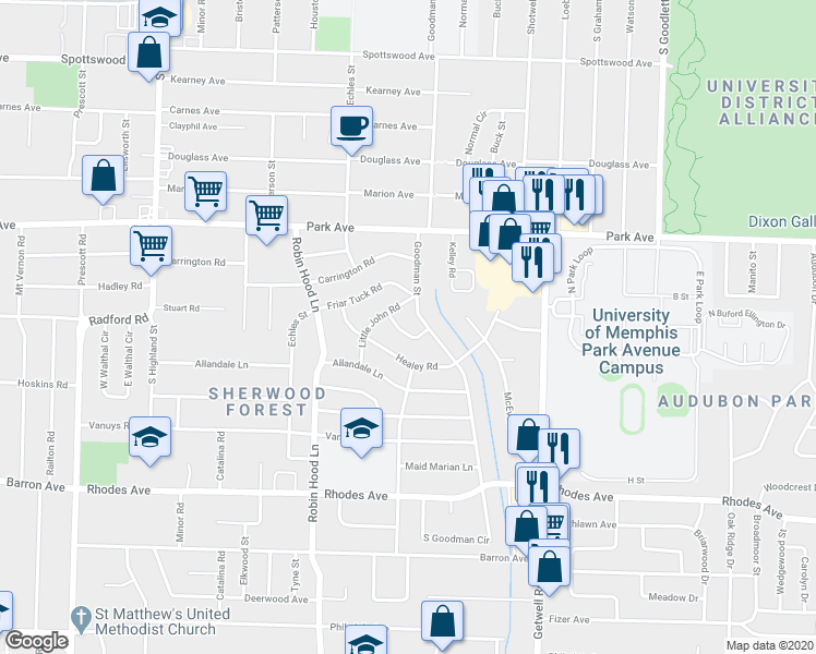 map of restaurants, bars, coffee shops, grocery stores, and more near 983 Goodman Street in Memphis