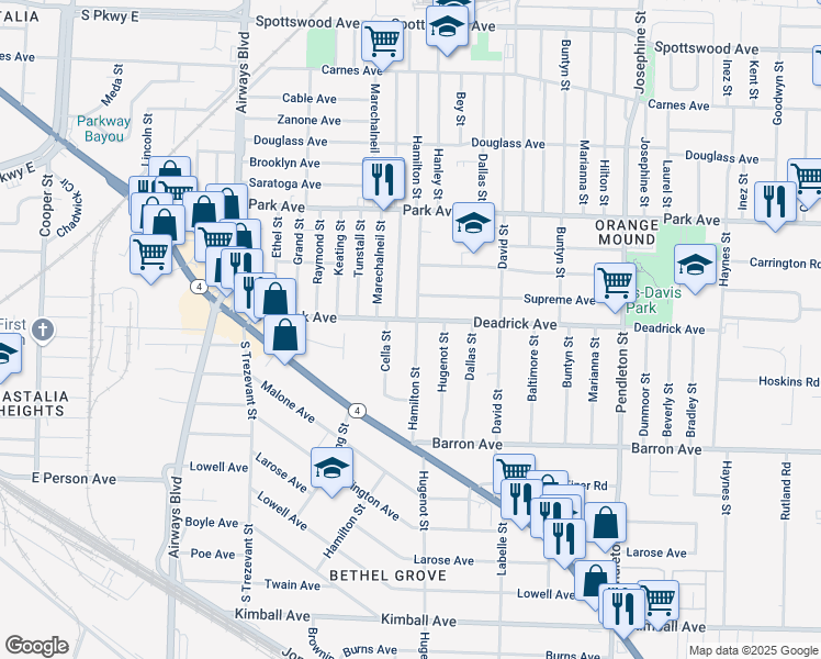 map of restaurants, bars, coffee shops, grocery stores, and more near 1492 Hamilton Street in Memphis