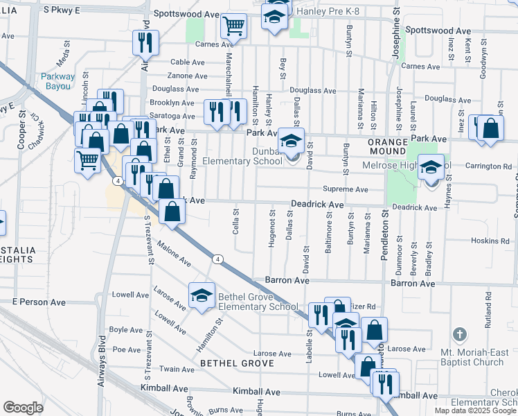 map of restaurants, bars, coffee shops, grocery stores, and more near 1492 Hamilton Street in Memphis