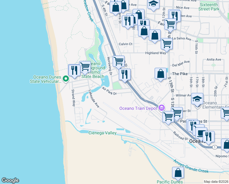 map of restaurants, bars, coffee shops, grocery stores, and more near 608 Mendel Drive in Oceano