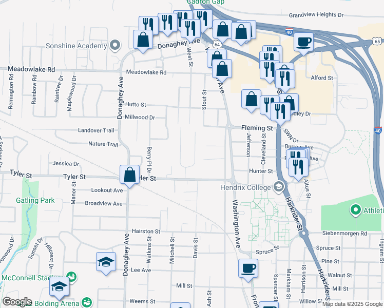 map of restaurants, bars, coffee shops, grocery stores, and more near 46 Meadowbrook Drive in Conway