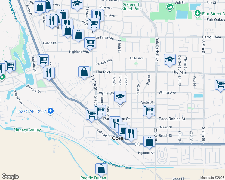 map of restaurants, bars, coffee shops, grocery stores, and more near 1376 16th Street in Oceano