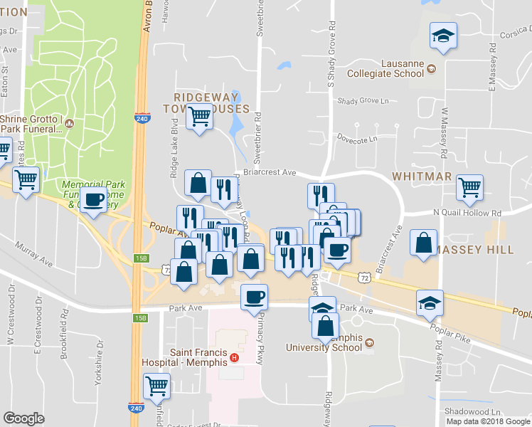 map of restaurants, bars, coffee shops, grocery stores, and more near 1100 Ridgeway Loop Road in Memphis