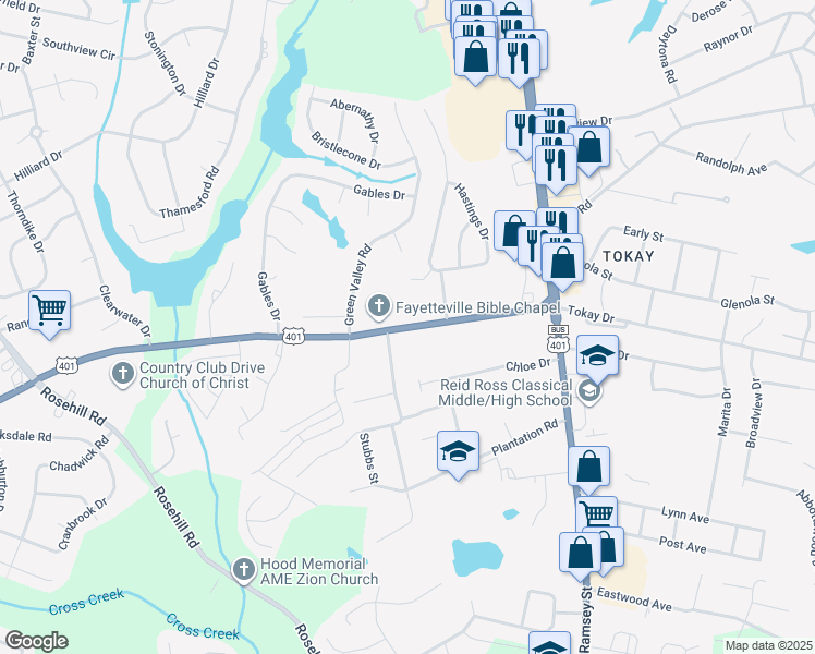 map of restaurants, bars, coffee shops, grocery stores, and more near 324 Country Club Drive in Fayetteville