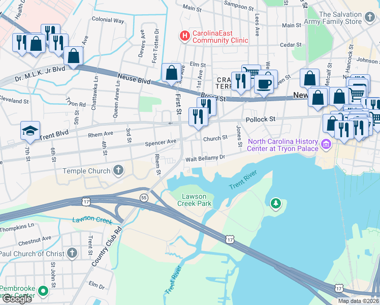map of restaurants, bars, coffee shops, grocery stores, and more near 210 First Street in New Bern