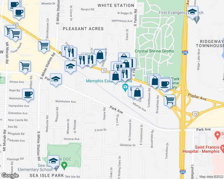 map of restaurants, bars, coffee shops, grocery stores, and more near 993 Reddoch Cove in Memphis