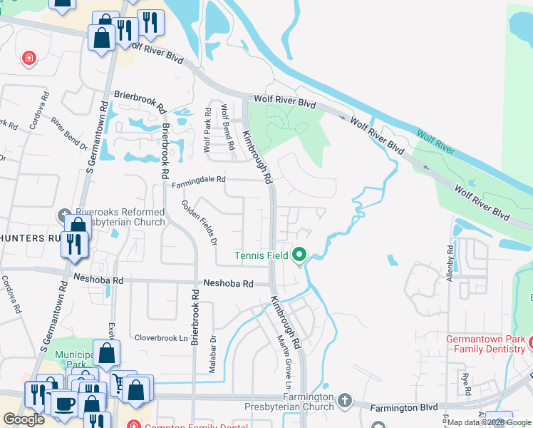 map of restaurants, bars, coffee shops, grocery stores, and more near 1637 Kimbrough Road in Germantown