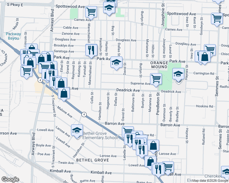 map of restaurants, bars, coffee shops, grocery stores, and more near 1491 Dallas Street in Memphis