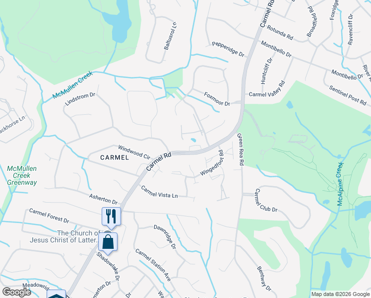 map of restaurants, bars, coffee shops, grocery stores, and more near 5106 Carmel Road in Charlotte