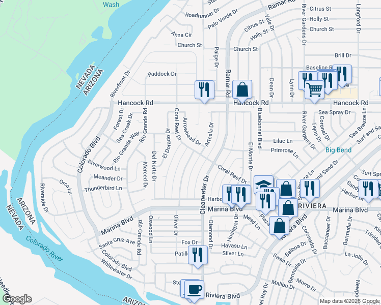 map of restaurants, bars, coffee shops, grocery stores, and more near 1853 Oliver Dr in Bullhead City